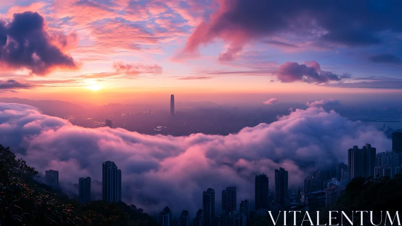 Sunrise light crosses dense fog over coastal city towers