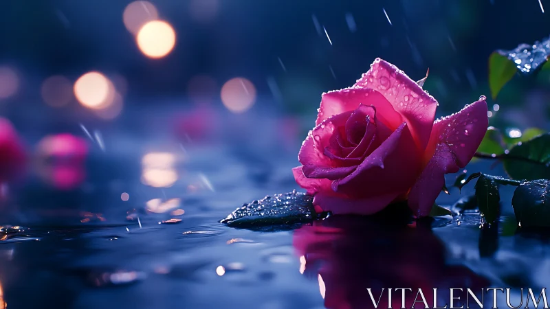 Pink rose in rain with bokeh lighting and wet surface reflection