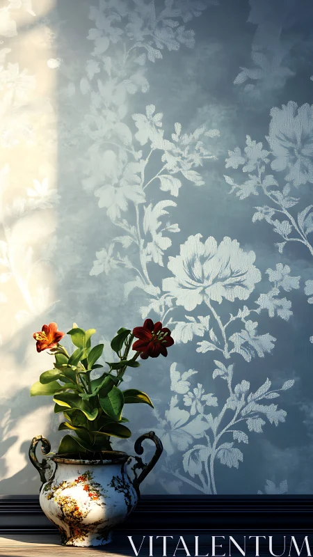 Floral Vase Against Blue Botanical Wall.