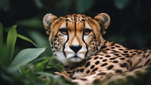 Cheetah portrait captures alert gaze in dense jungle shade.