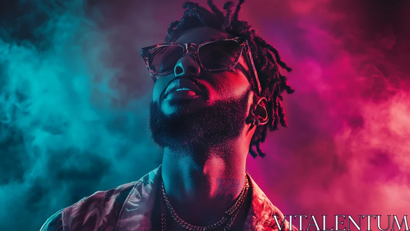 Bicolor neon portrait with volumetric haze and rim lighting.