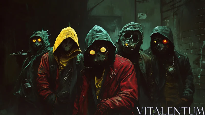 Cyberpunk gang in plague masks under neon-drenched alley gloom.