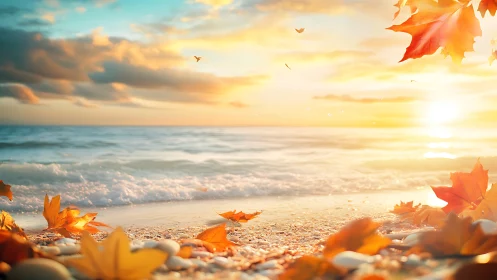 Autumn leaves scattered on bright sandy beach at sunset.