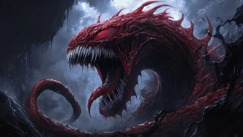 Monstrous red serpent roars within stormy cavern abyss.