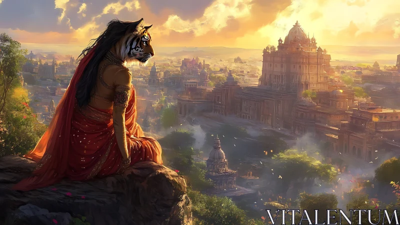 Anthropomorphic tiger empress surveys luminous sunset citadel