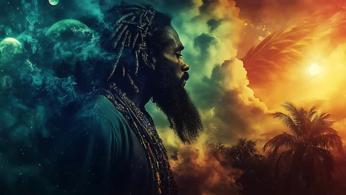 Celestial wanderer between neon cosmos and burning dawn.