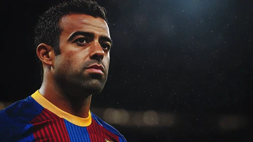 Focused footballer stands under stadium lights in rain