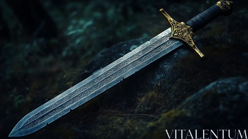 Decorated longsword with gold hilt lies on mossy forest rock