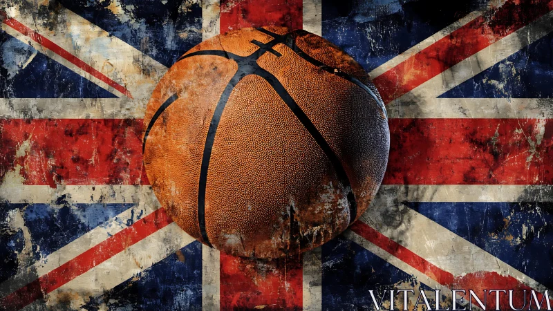 Bold basketball symbol emerges over grunge Union Jack flag