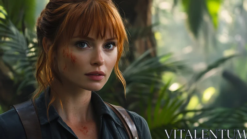 Red haired explorer with scratches in dense jungle setting.