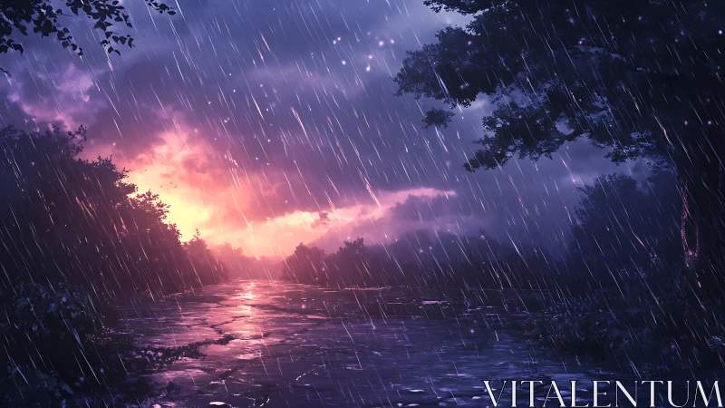 Storm-lit river of violet rain under a burning horizon.