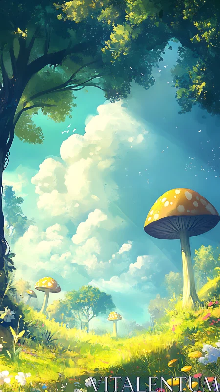 Giant sunlit mushrooms tower over a dreamy forest meadow.