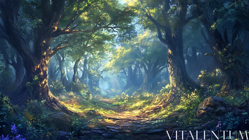 Ancient Forest Cathedral: Volumetric Light Through Towering Deciduous Canopy