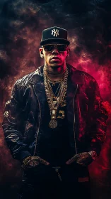 Smoke-lit street king framed in neon embers of swagger.