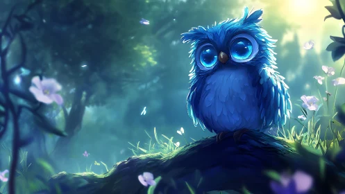 Adorable blue cartoon owl with big eyes in a magical forest.
