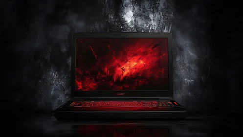 Gaming laptop glows with red backlight against dark textured wall