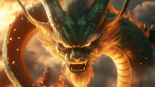 Cinematic firelit dragon head rendered with high-detail scales and volumetric glow