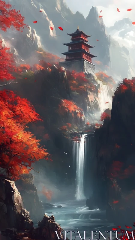 Crimson mountain temple rises gently above a misty waterfall