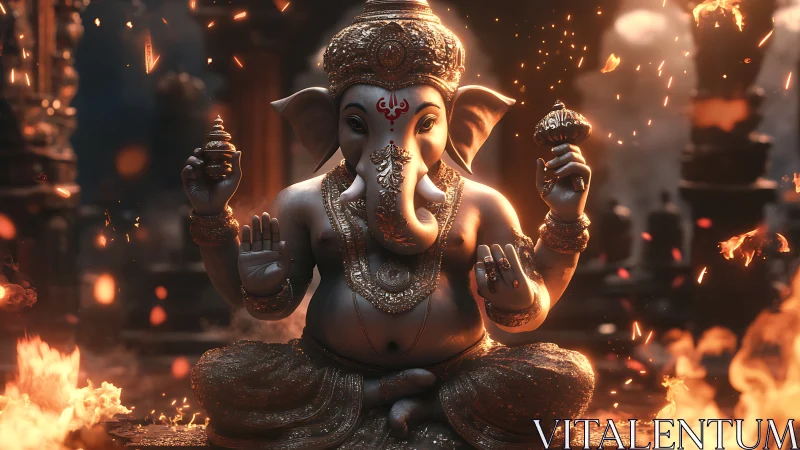 Ganesha deity statue amid firelight and floating embers.