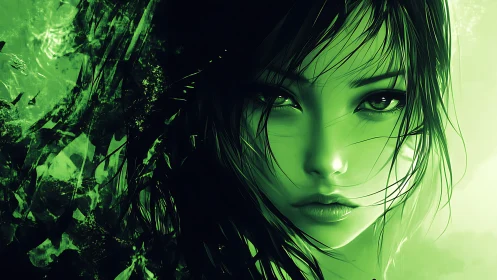 Monochrome emerald portrait of female face with abstract shards