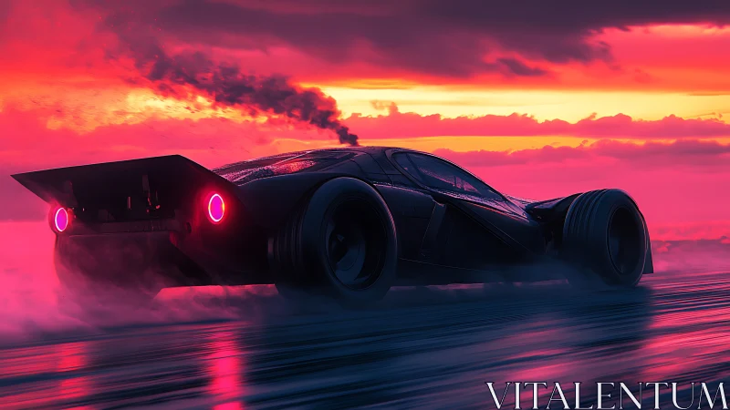 Neon dusk hypercar streaking through electric horizon glow.