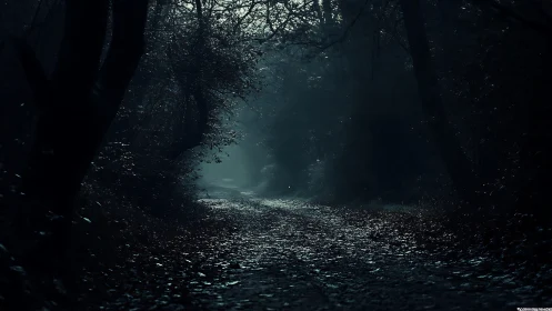 Forest path curves through dark, misty woodland at dusk