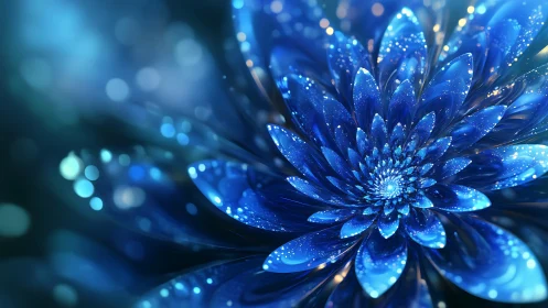 Luminescent blue fractal flower with crystalline petal geometry
