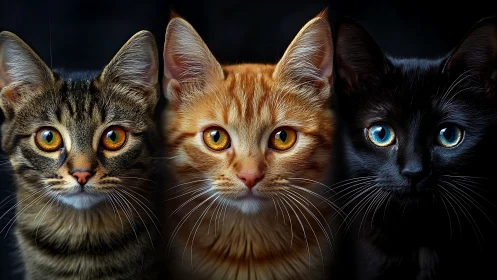 Three Feline Portraits Against Dark Background.
