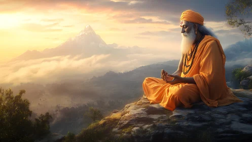 Sunrise sage in saffron robes above cloud-swept Himalayas.