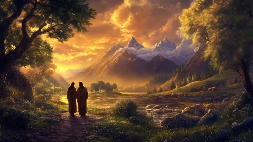 Golden evening walk beside a tranquil river and glowing peaks