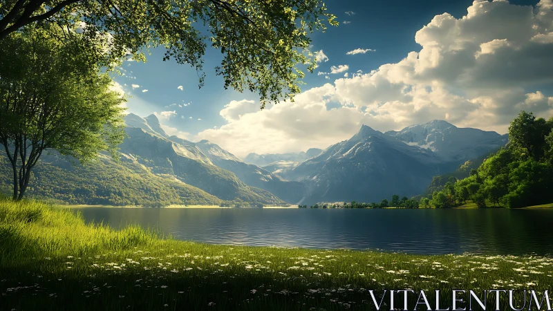 Sunlit alpine lake with dramatic snow-capped mountain range.