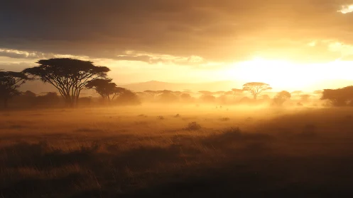 Savanna sunspill over acacia silhouettes in golden hush.