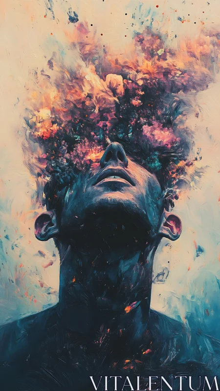 Head tilted skyward, a human silhouette erupts into nebulae