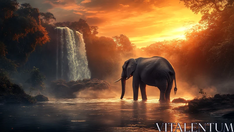 Elephant wades through misty waterfall pool under saturated sunset
