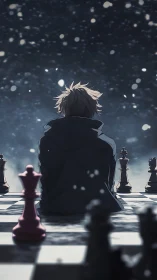 Solitary hooded figure seated on chessboard under snowfall.