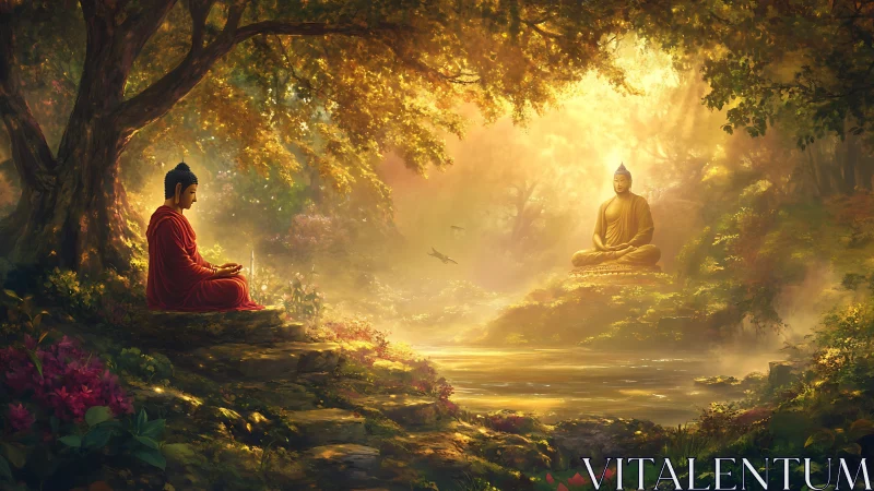 Forest light kneels twice before meditating Buddha reflections