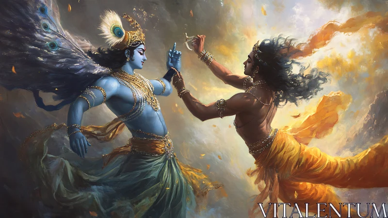 Divine warriors swirling through stormlit celestial skies.