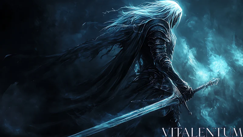 Dark armored swordsman within swirling blue spectral storm.