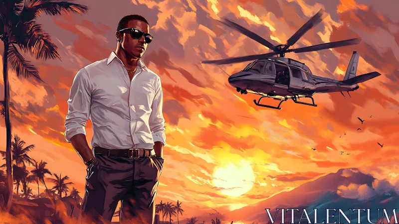 Sunset vigil of a suave agent beneath roaring helicopter.