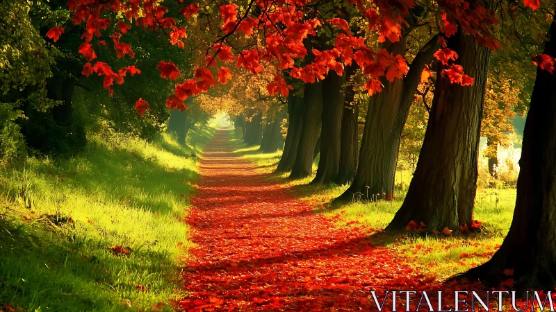 Tree-lined pathway under dense red autumn foliage canopy.