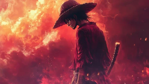 Straw hat swordsman stands in fiery red atmospheric glow
