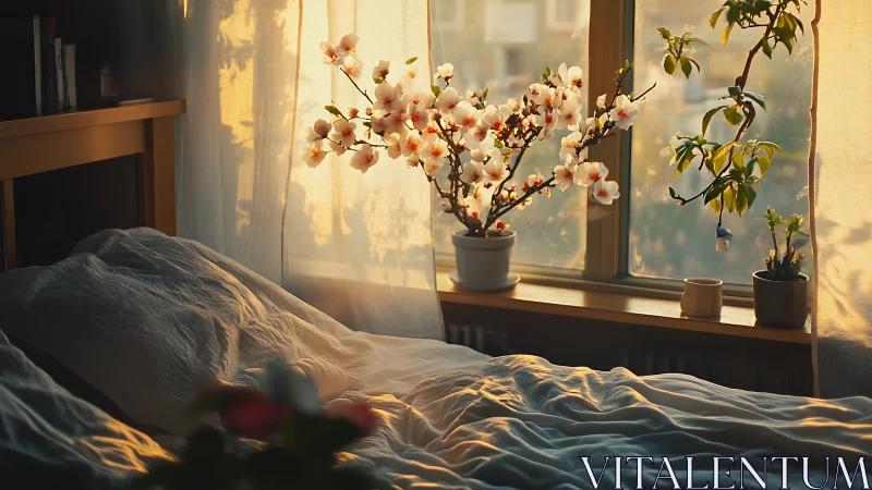 Sunlit bedroom bloom where morning quiet softly gathers.