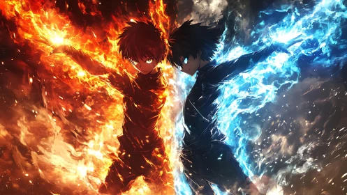 Twin elemental rivals wrapped in roaring fire and ice.