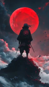 Lone warrior beneath a glowing crimson moon in stormy sky.