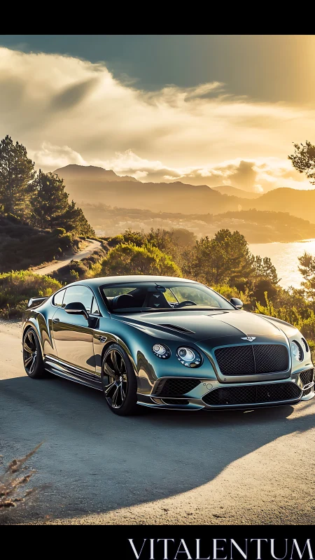 Photorealistic grand tourer coupe on coastal mountain road at sunset.