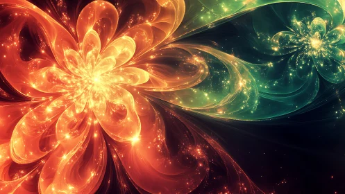 Radiant cosmic blossoms glow with swirling starlit color