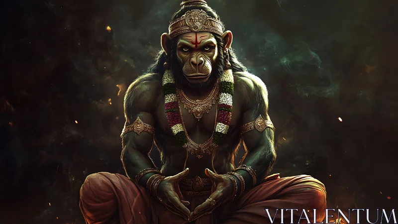 Divine warrior monkey meditates in a fiery celestial glow