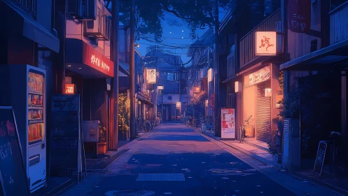 Digital painting of neon-lit Japanese alleyway at dusk.