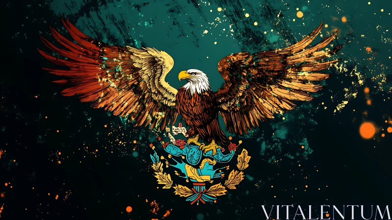 Heraldic bald eagle crest with splatter-textured teal backdrop
