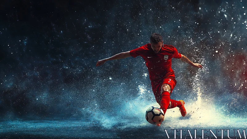 Soccer player in red striking ball on wet dramatic field.